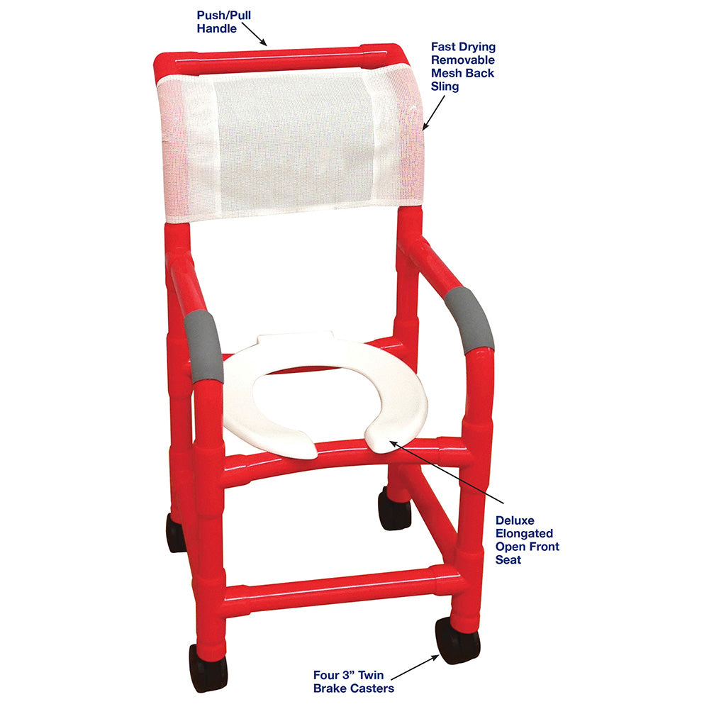 MJM International R115-3 RED Shower chair 15" internal width, for small adult or pediatric needs, 3" twin casters, open front seat, 250 lbs weight capacity