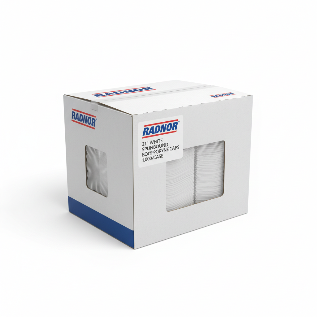 Radnor 21" White Spunbound Polypropylene Bouffant Cap, 1,000/Case - angled view showing packaging