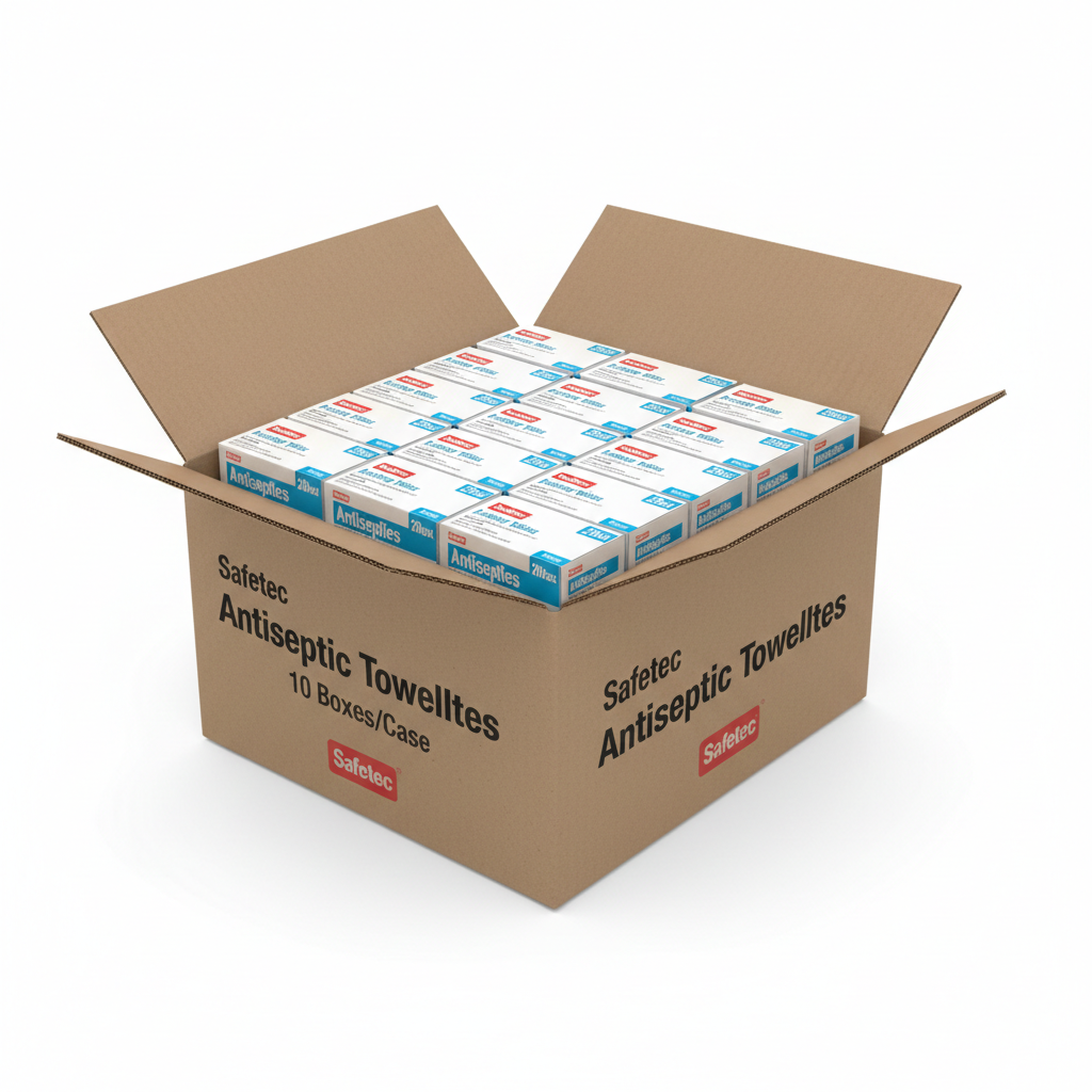 Safetec Antiseptic Towelettes, 20/Box, 10 Boxes/Case - angled view showing packaging