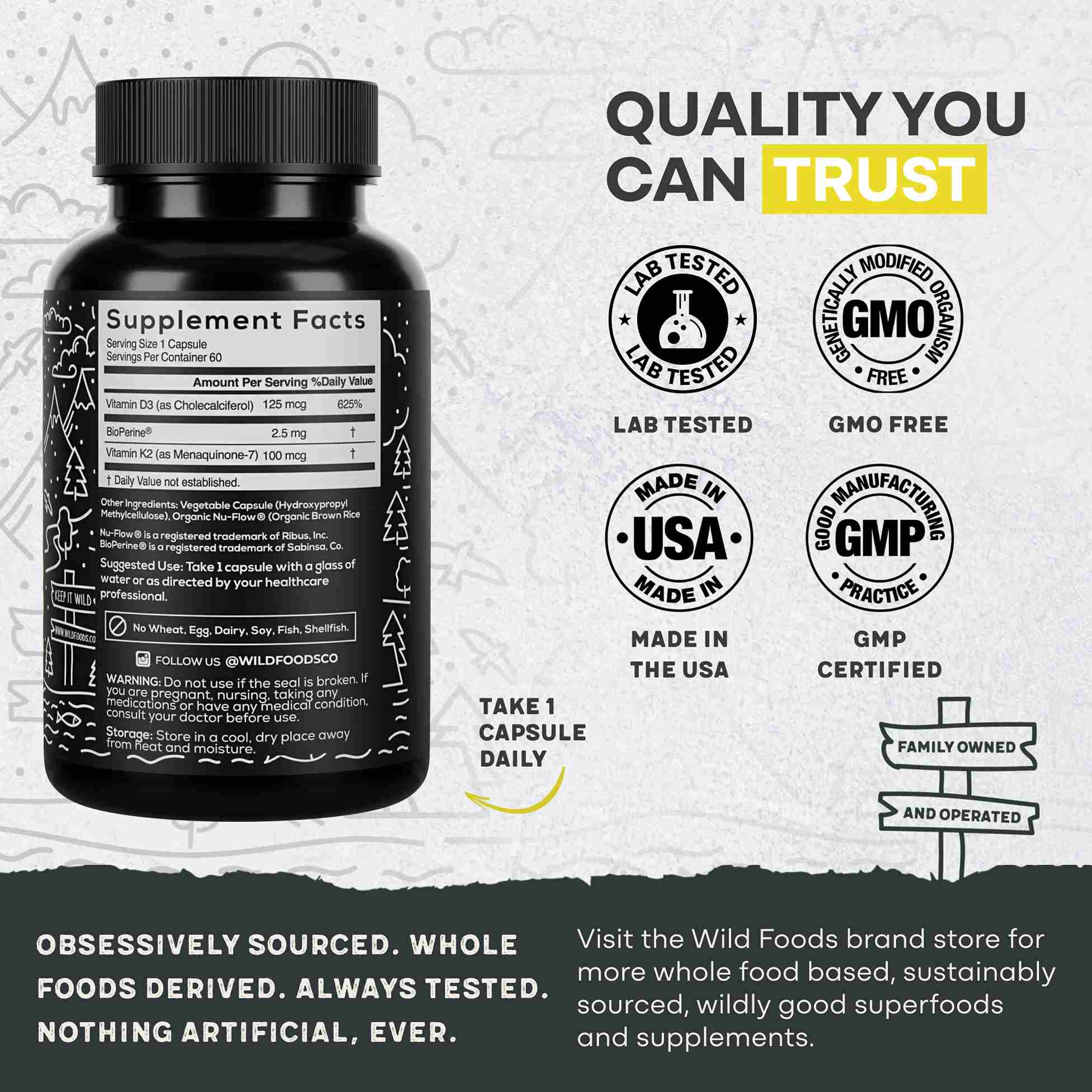 Vitamin K2 (MK-7) & Vitamin D3 (5000 IU) & Black Pepper Extract by Wild Foods