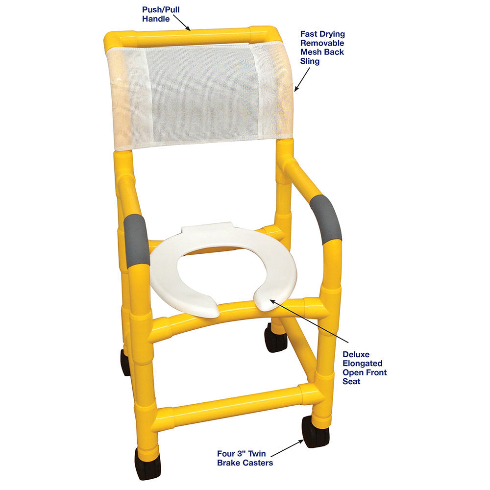 MJM International Y115-3 YELLOW Shower chair 15" internal width, for small adult or pediatric needs, 3" twin casters, open front seat, 250 lbs weight capacity
