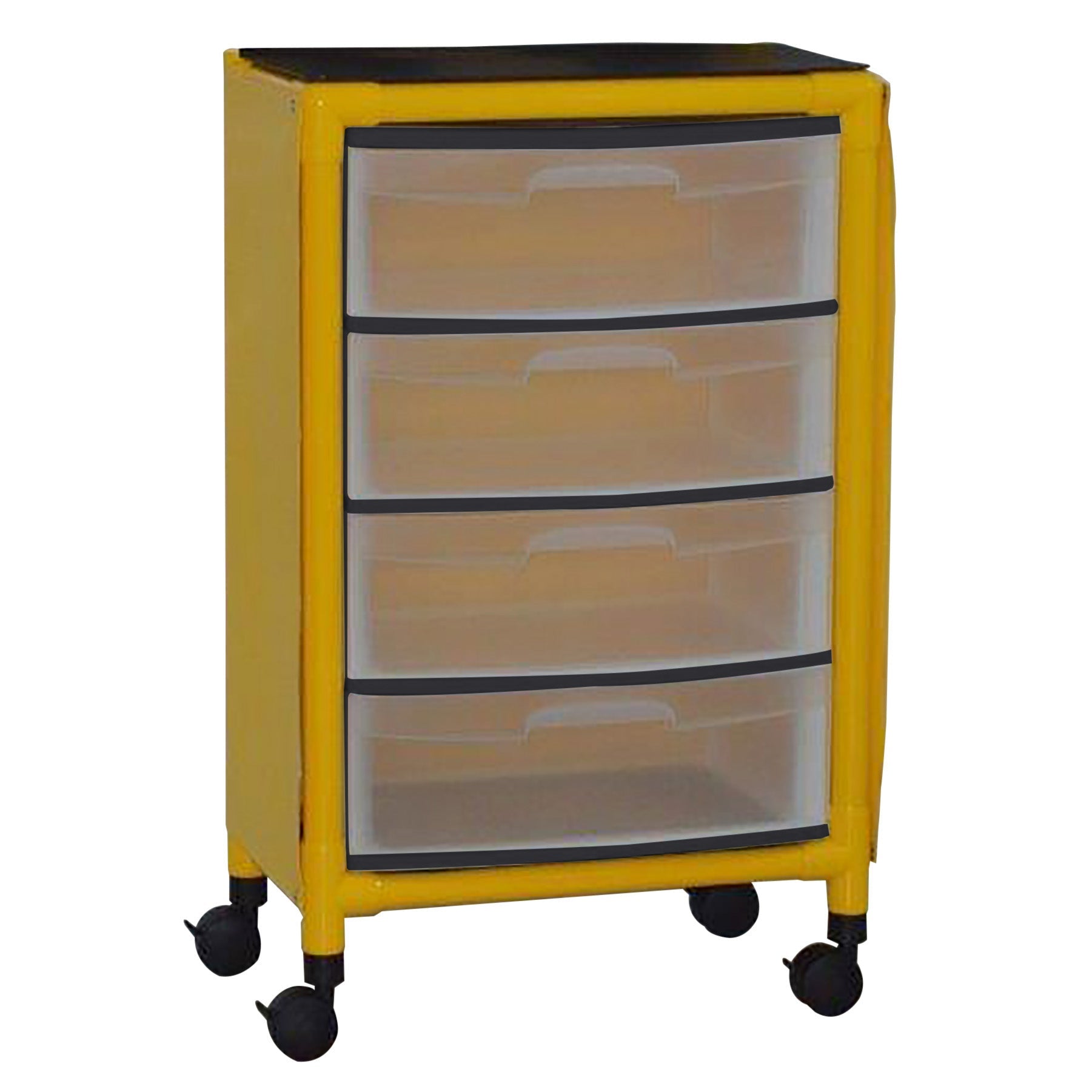 MJM International Y4U4D-ISO-NBP Yellow universal isolation cart with 4 slide out drawers, top writing shelf, no back panel, internal drawer size: 19.125" W x 14" D x 6.5" H