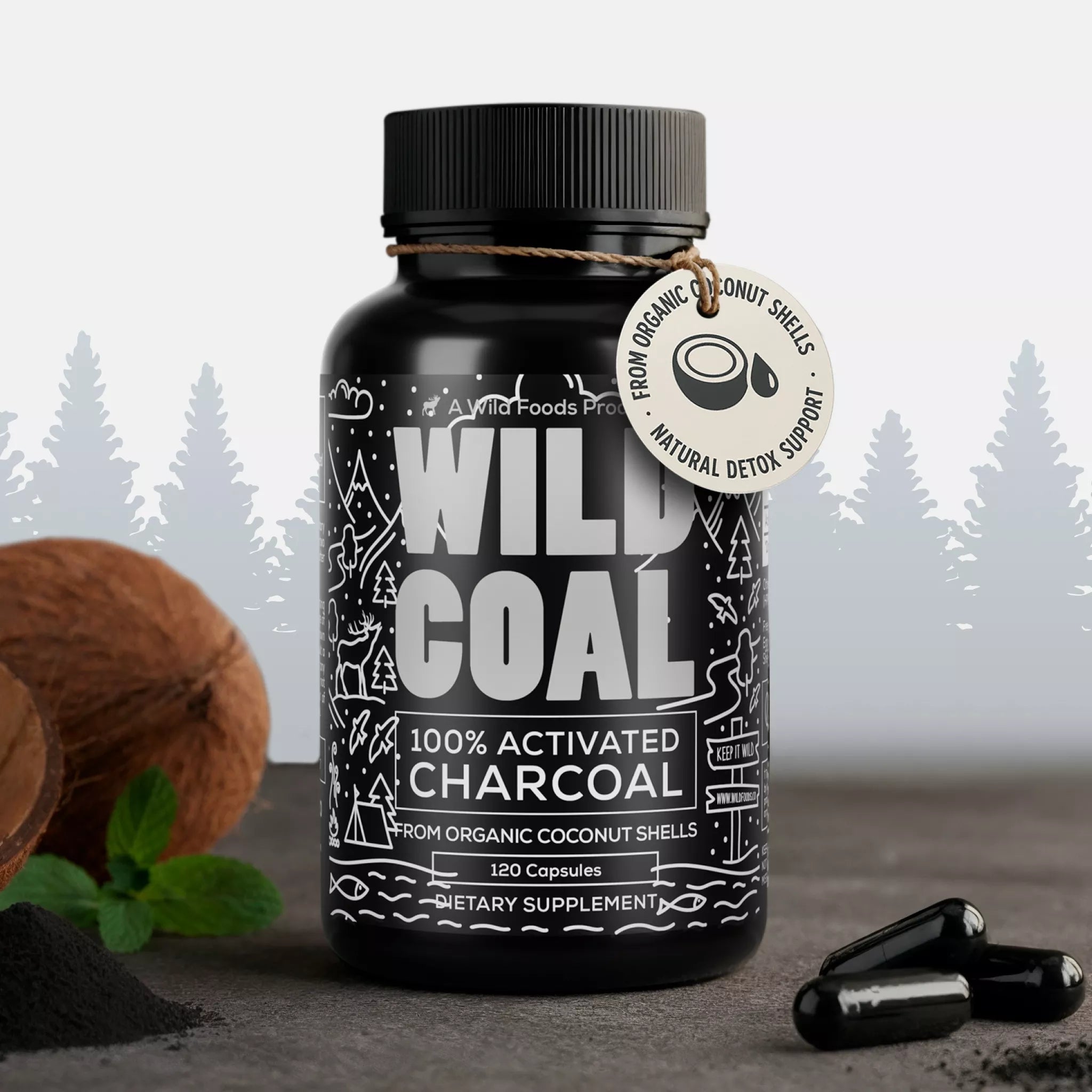 Activated Charcoal Capsules, 60 servings - Made from 100% Organic Coconuts by Wild Foods