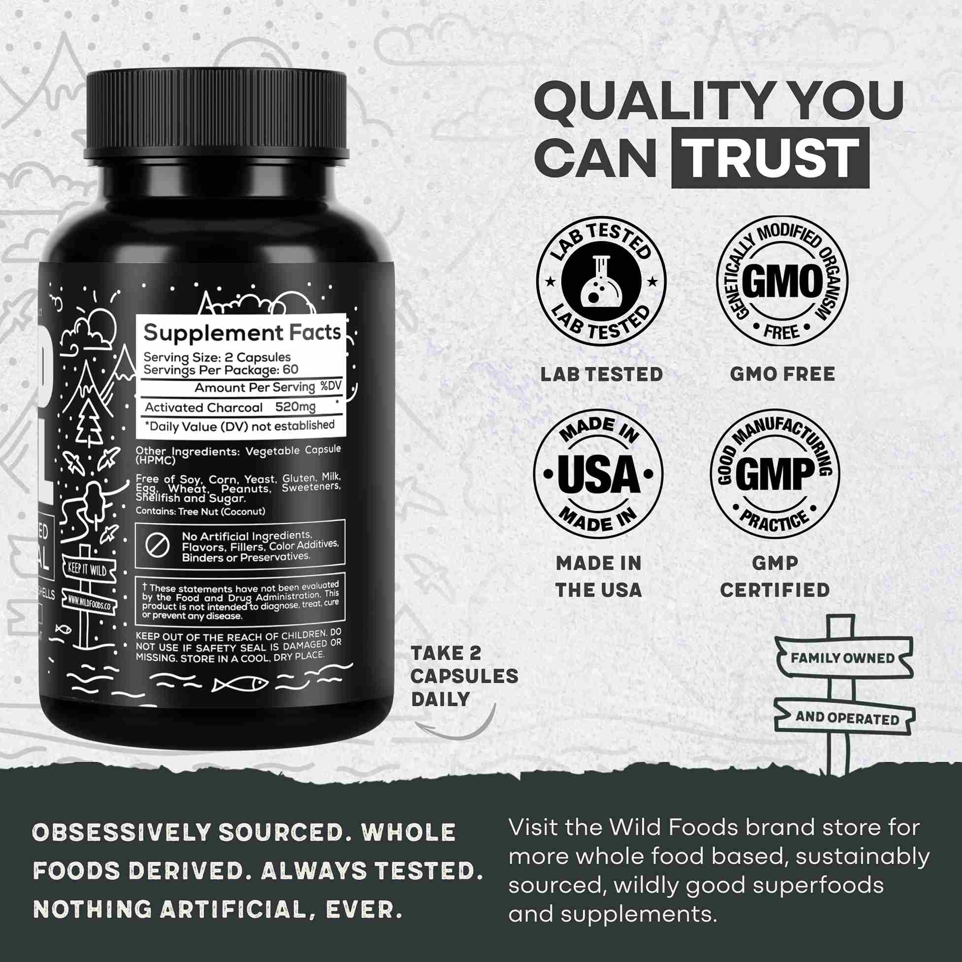 Activated Charcoal Capsules, 60 servings - Made from 100% Organic Coconuts by Wild Foods