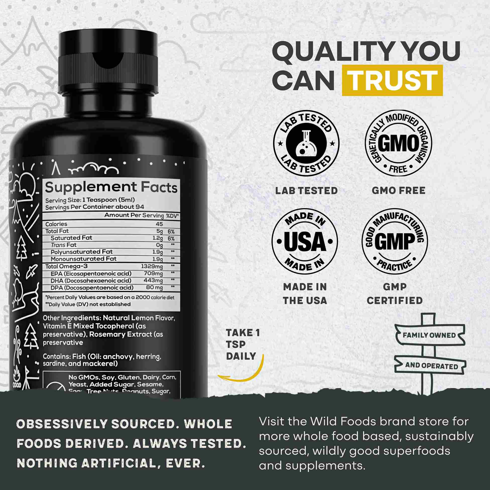 Fish Oil Liquid, 94 servings - Omega-3 DHA, EPA, DPA by Wild Foods