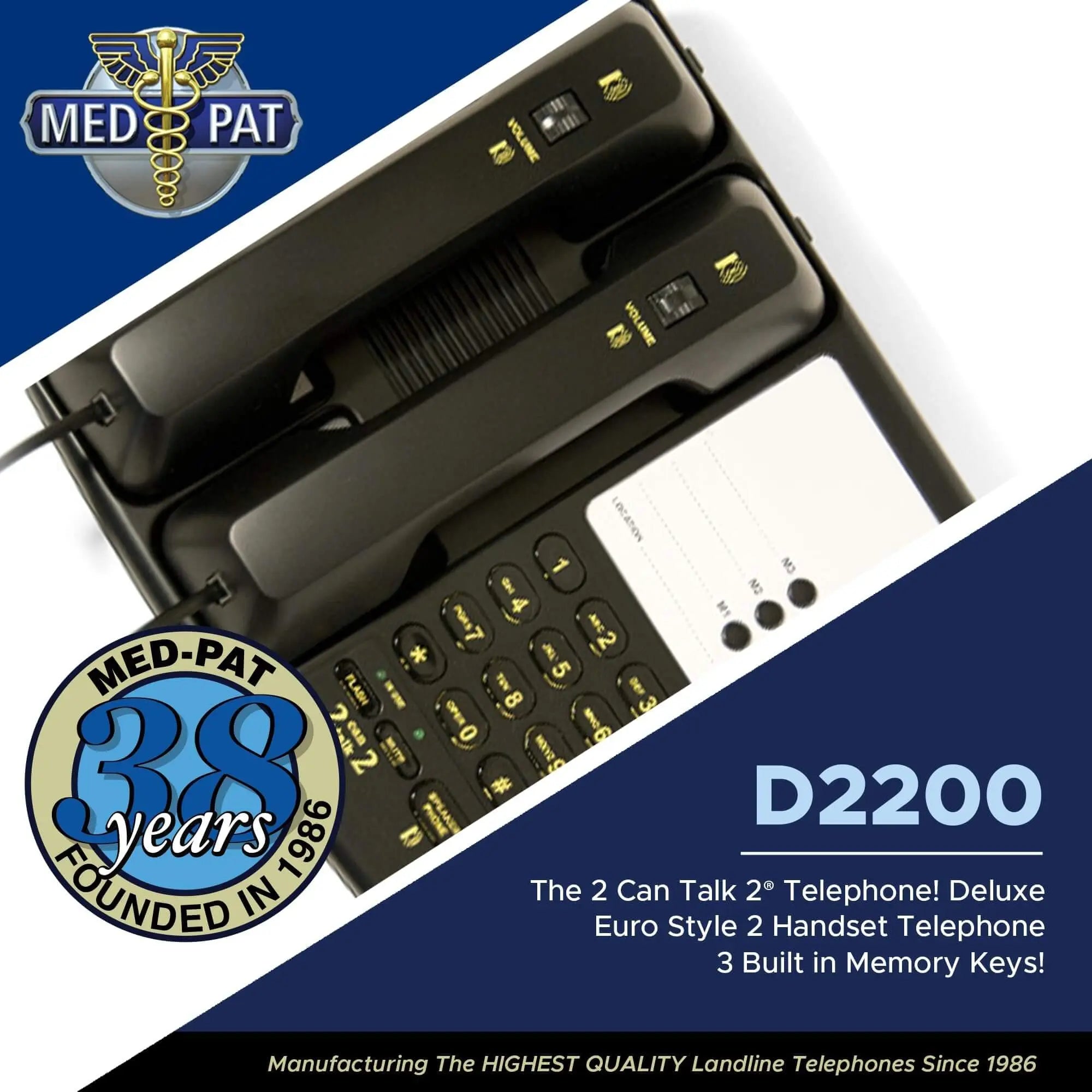 Med-Pat D2200 "2 Can Talk 2" Telephone | Dual Handset Landline Phone with Memory Keys & Enhanced Volume