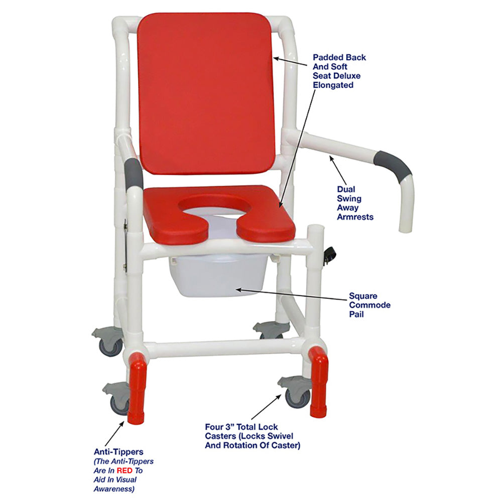 MJM International 118-3TL-SSDE-CBP-RD-DDA-10-QT-C-AT Shower Chair With Total Lock Casters, Soft Seat Deluxe Elongated, Cushion Back, Dual Swing Away Armrests, Square Pail and Anti-Tippers