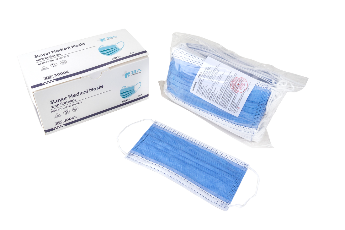 3A Medical Adult 3 Ply Loop Masks - 50/BX, 2500/CS