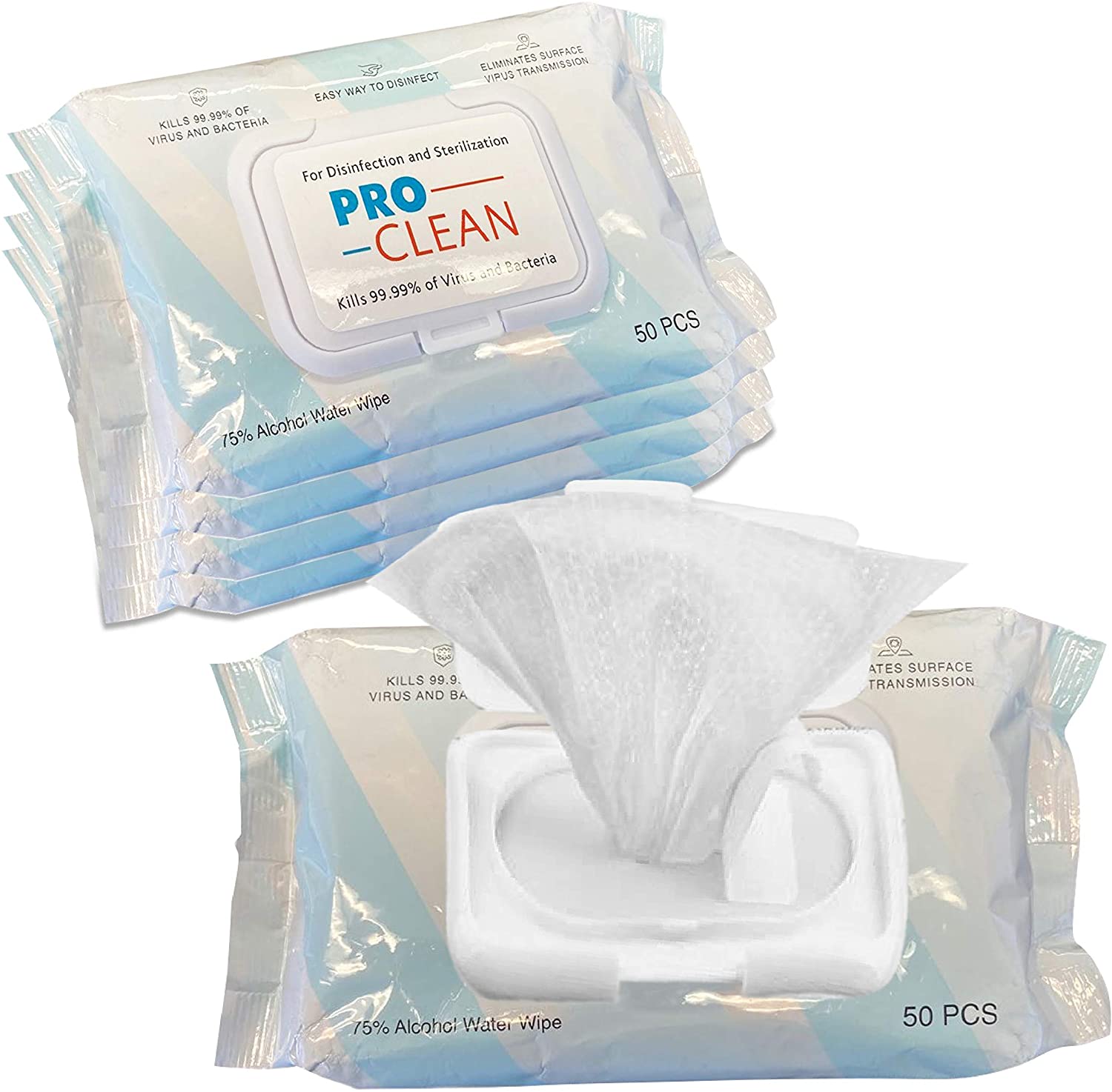 ProClean חיטוי 75% אלכוהול מגבונים 50 מגבונים - 4 חבילות