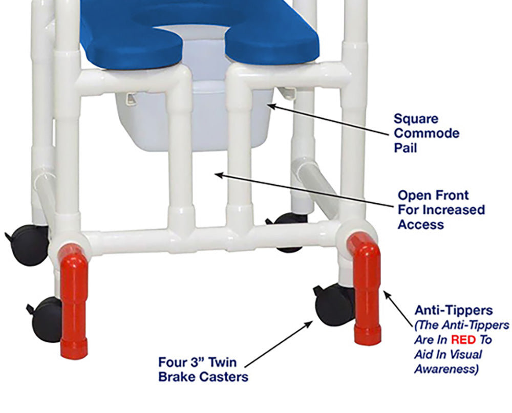 MJM International 118-3TW-SSDE-CBP-BL-OF-SQ-PAIL-AT Shower Chair With Soft Seat Deluxe Elongated, Cushion Back, Open Front, Square Pail And Anti-Tippers