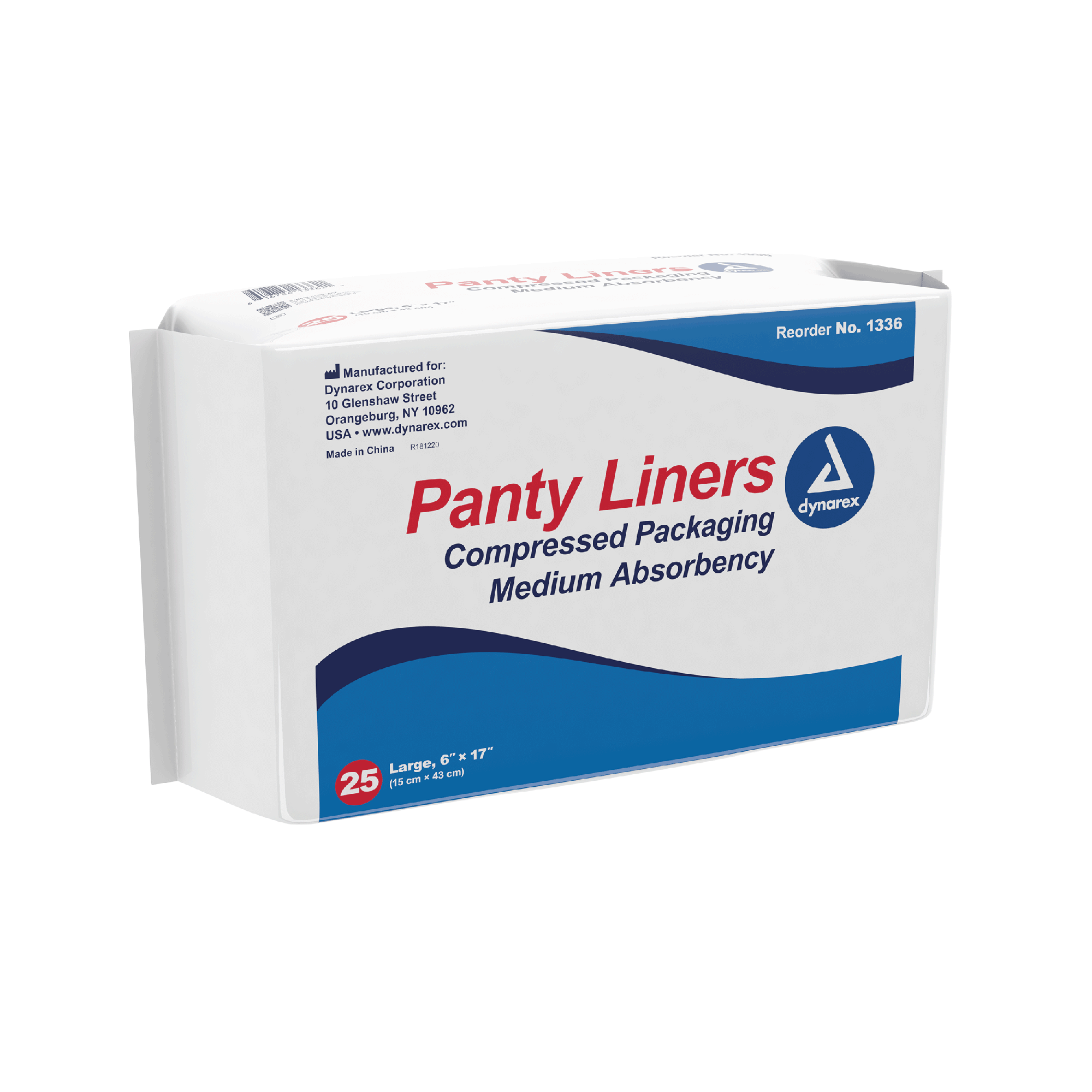 Dynarex Panty Liners w/ Adhesive Tab, 6" x 17", 25ea/bx, 10bxs/case (250 Count)