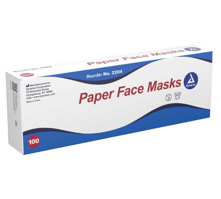 Dynarex Paper Face Mask, White - 100ea/bx, 10bxs/cs (1000 Count)