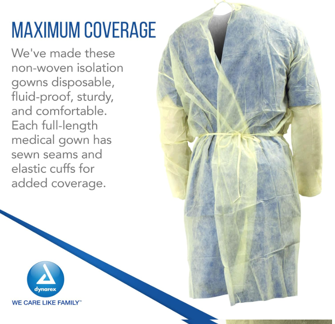 Dynarex Isolation Gown Fluid Resistant, Universal, Yellow - 5ea/bx, 10bxs/case (50 Count)