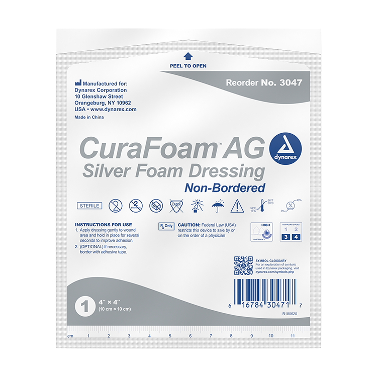 Dynarex CuraFoam AG - Silver Foam Dressing, 4" x 4" 10ea/bx, 10bxs/cs (100 Count)