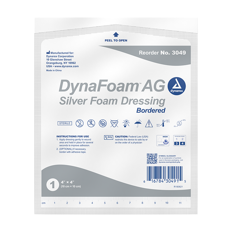 Dynarex DynaFoam AG - Bordered Silver Foam, 4" x 4", 10ea/bx, 10bxs/cs (100 Count)