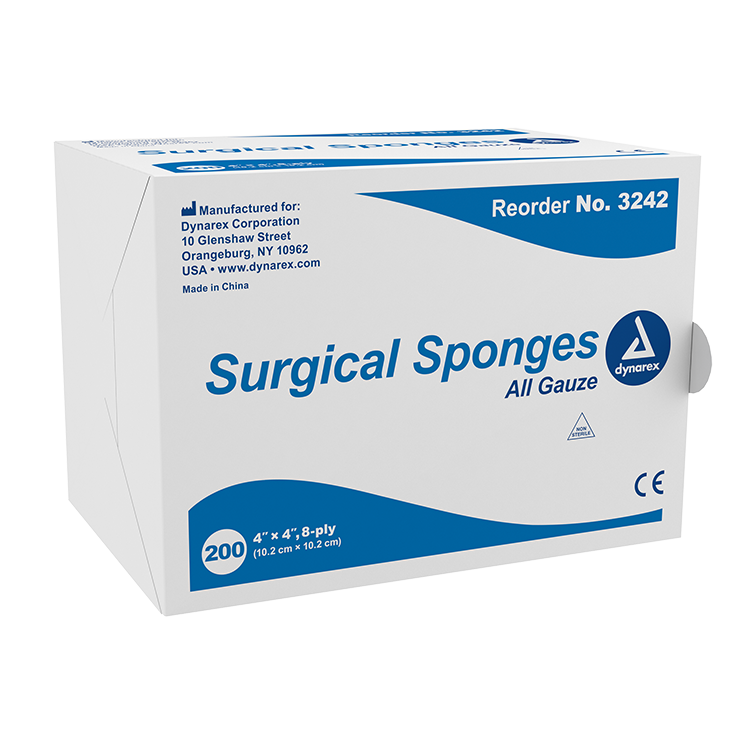 Dynarex Surgical Gauze Sponge, 4" x 4" 8 Ply, 200ea/bx, 20bxs/cs (4000 Count)