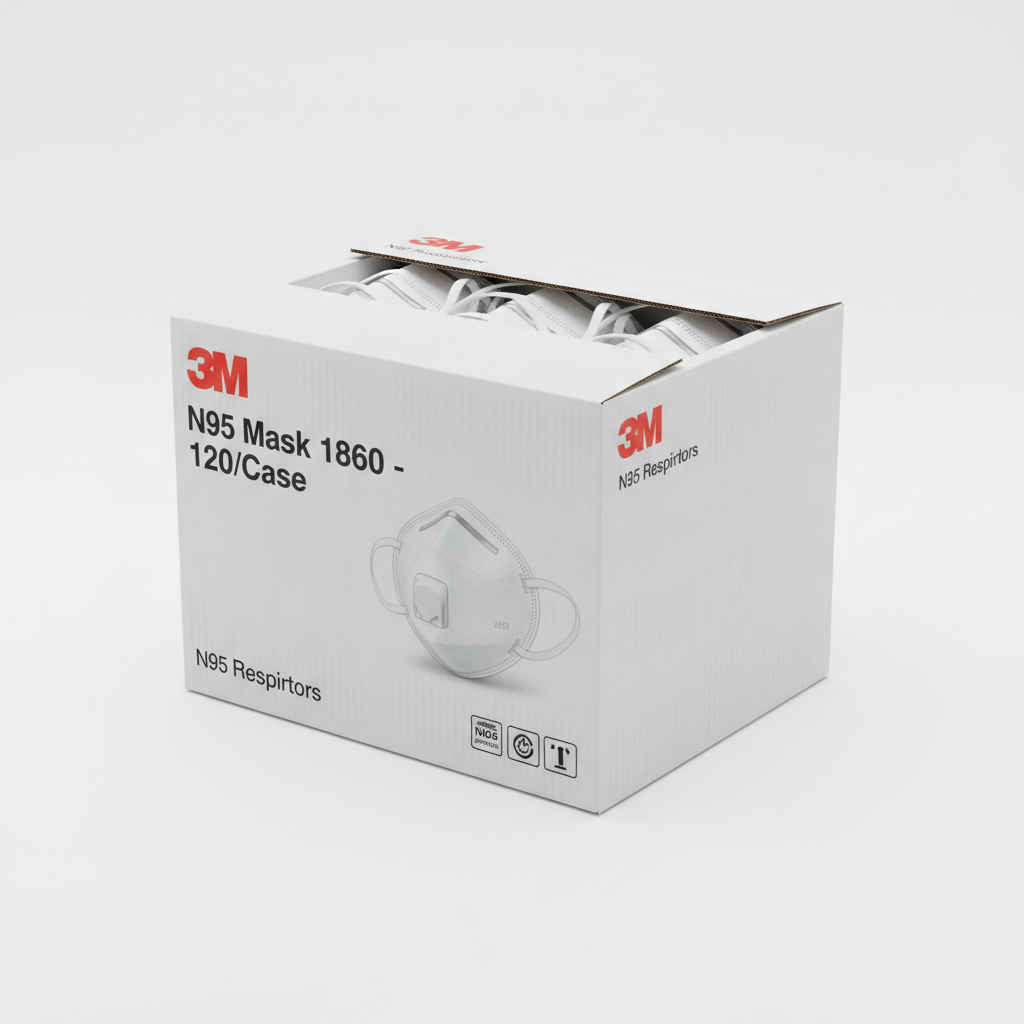 3M N95 Mask 1860 - 120/Case - angled view showing packaging