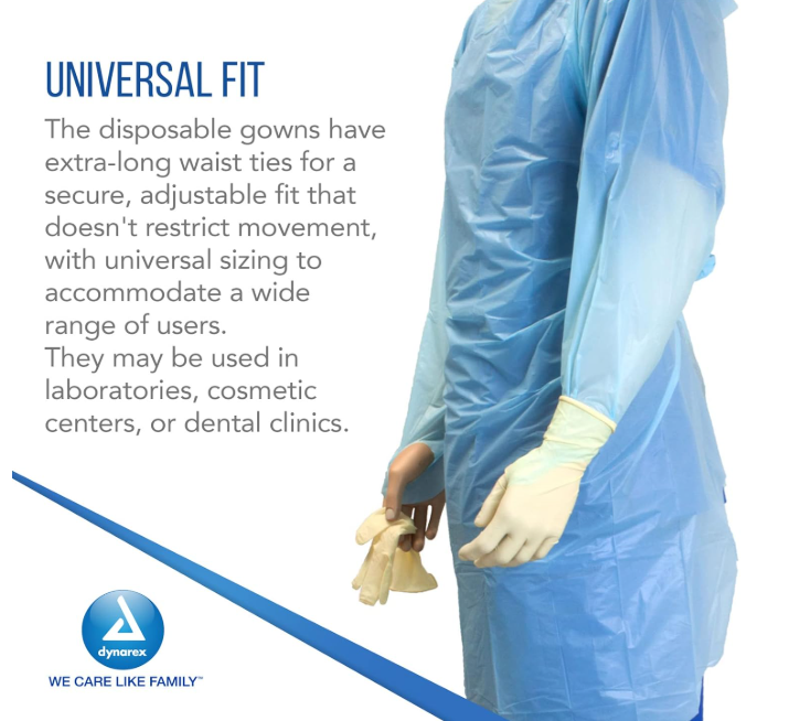 Dynarex CPE Thumb Loop Isolation Gown, Blue - 15ea/bx, 5bxs/case (75 Count)