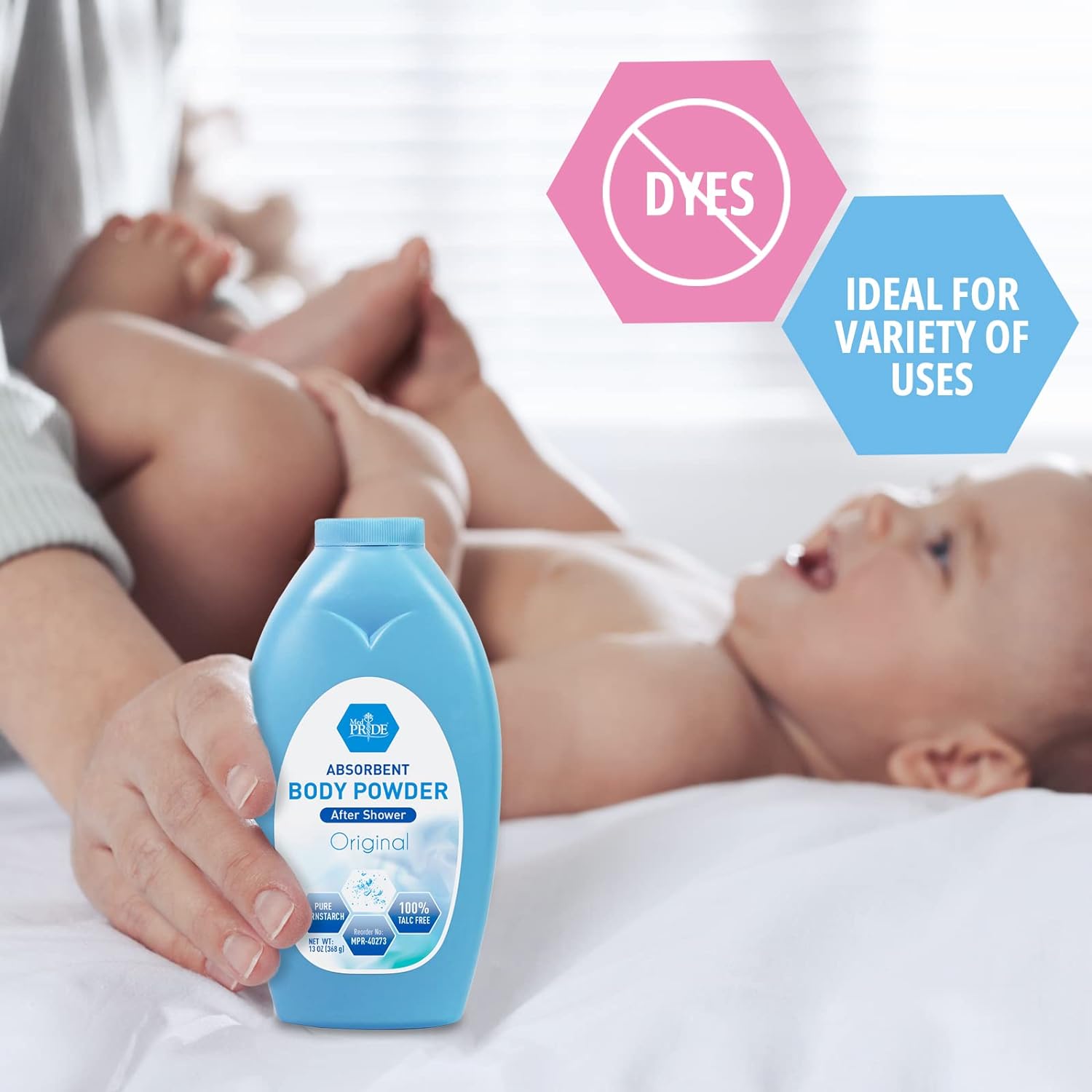 MedPride Premium 100% Talc Free Baby Powder w/seal - Blue Bottle - 13 oz, 24/cs.
