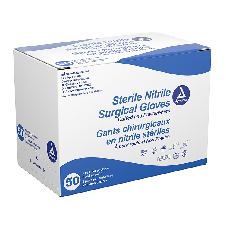 Dynarex Sterile Nitrile Surgical Gloves, Powder-Free - 50pairs/bx, 4bxs/cs (200 Count)