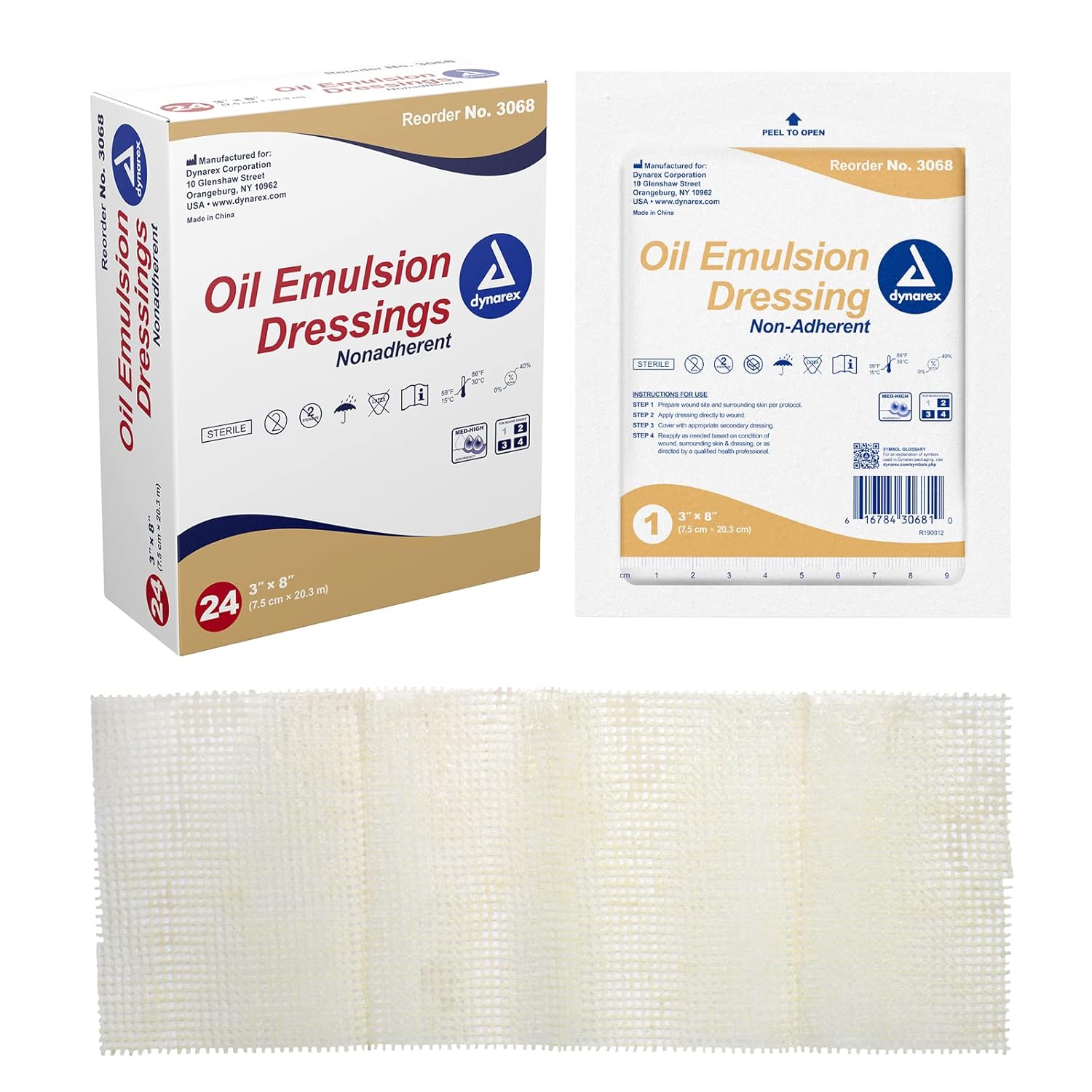 Dynarex Oil Emulsion Dressing, 3" x 8", 24ea/bx 6bxs/cs (144 Count)