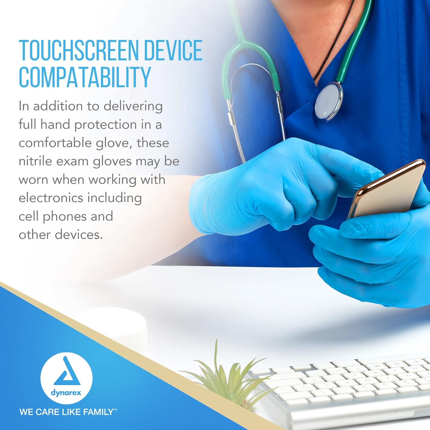 Dynarex Safe-Touch Blue Nitrile Exam Gloves - Non-Latex, Powder-Free - 100/box, 10bxs/case (1000 Count)