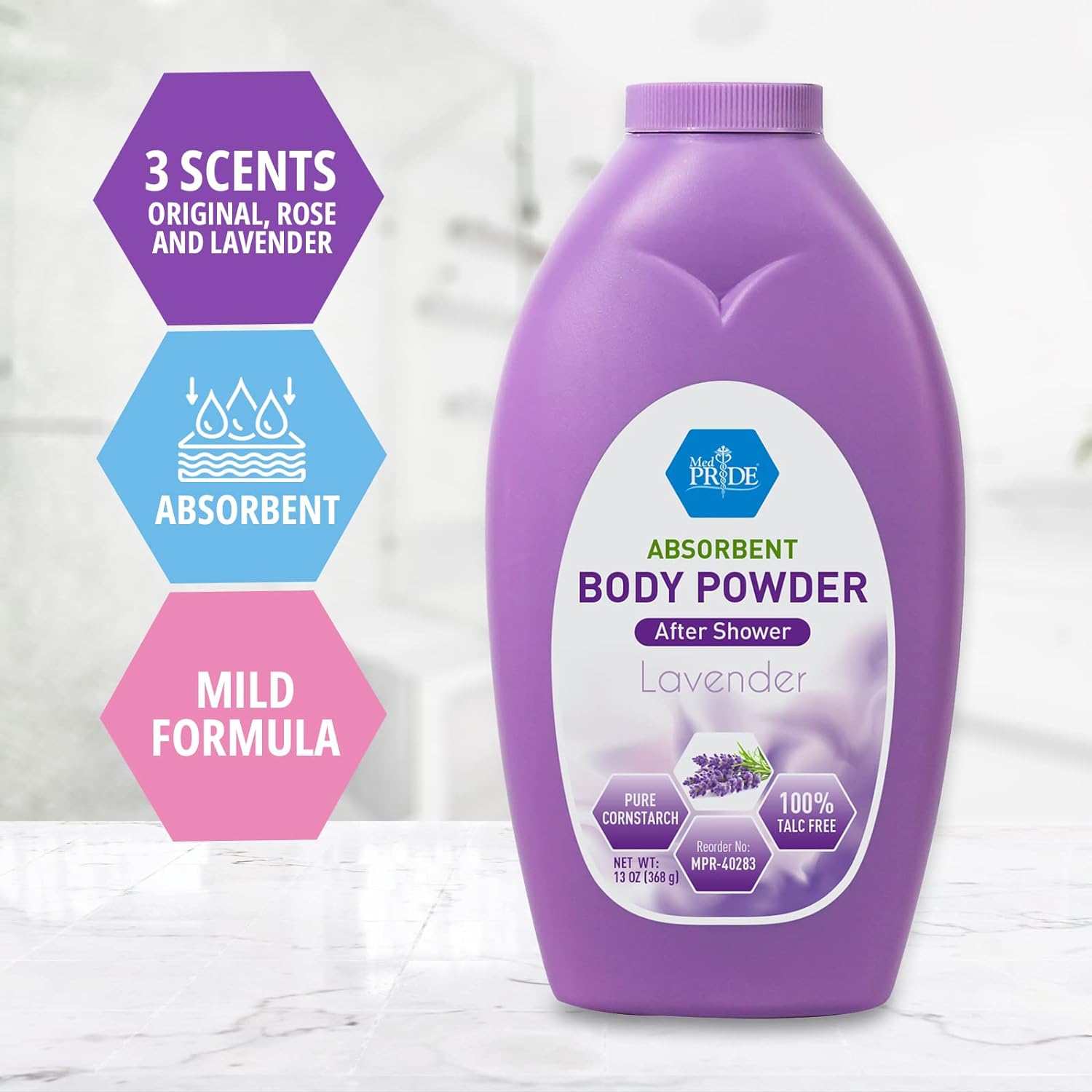 MedPride Body Powder w/seal - Lavender Bottle 13 oz, 24/cs.