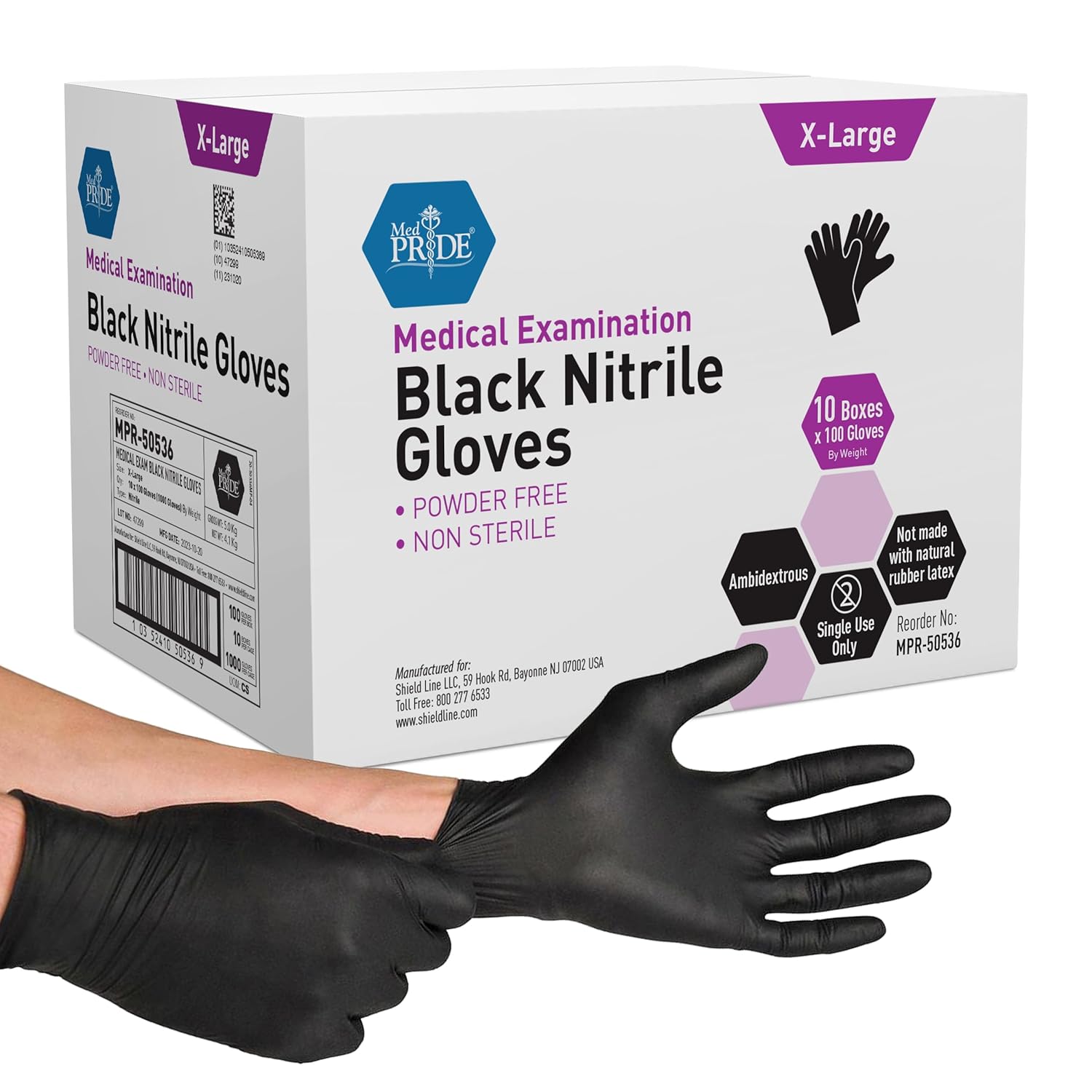 MedPride Black Nitrile Exam Non-Sterile Powder Free Gloves - 6 MIl Thick - 100 Gloves / Case of 10