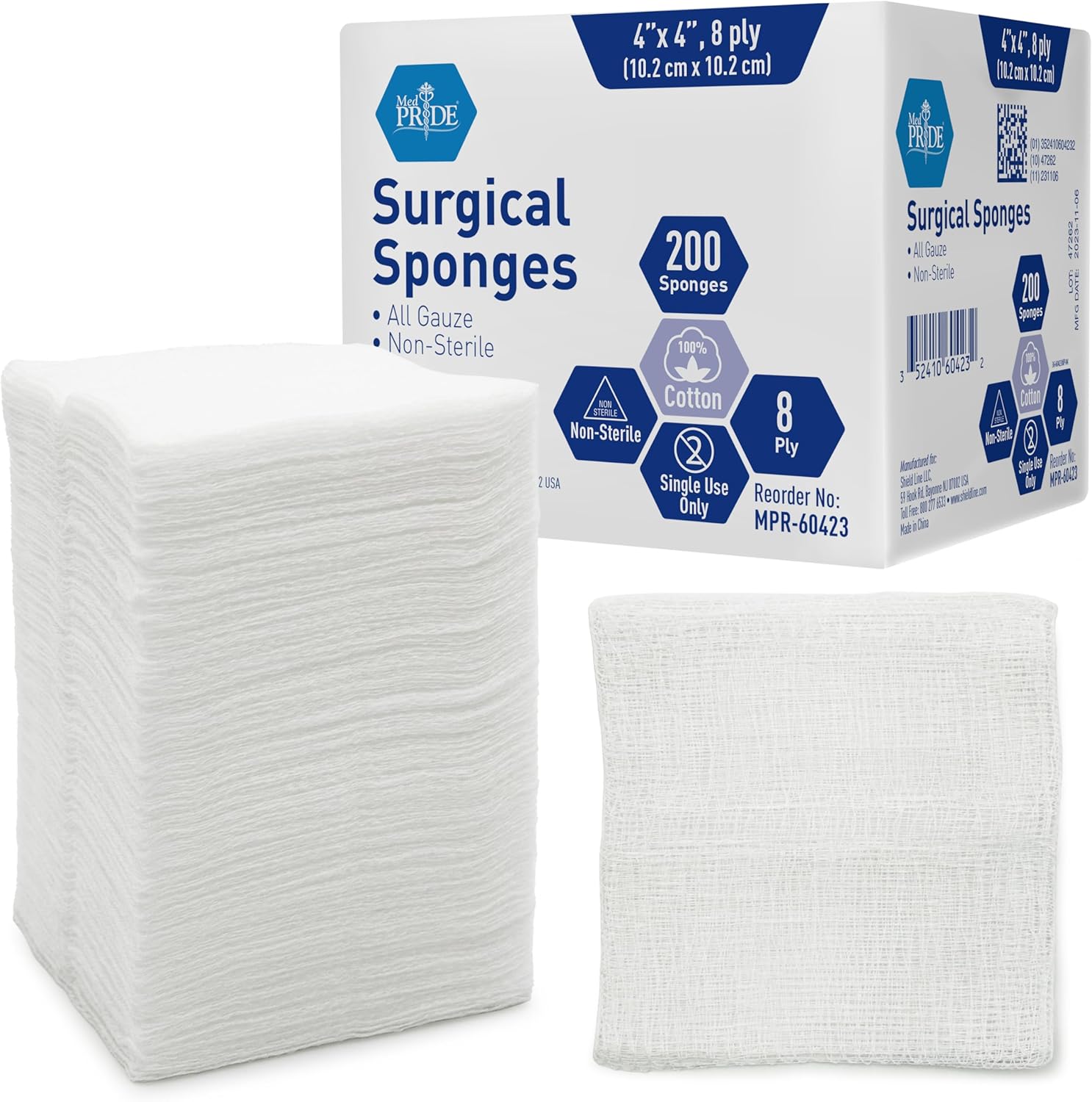 MedPride Surgical Sponges, 4''x4'', 8 Ply - Gauze Pads Non sterile 200/Box, Case of 20 (4000 Count)
