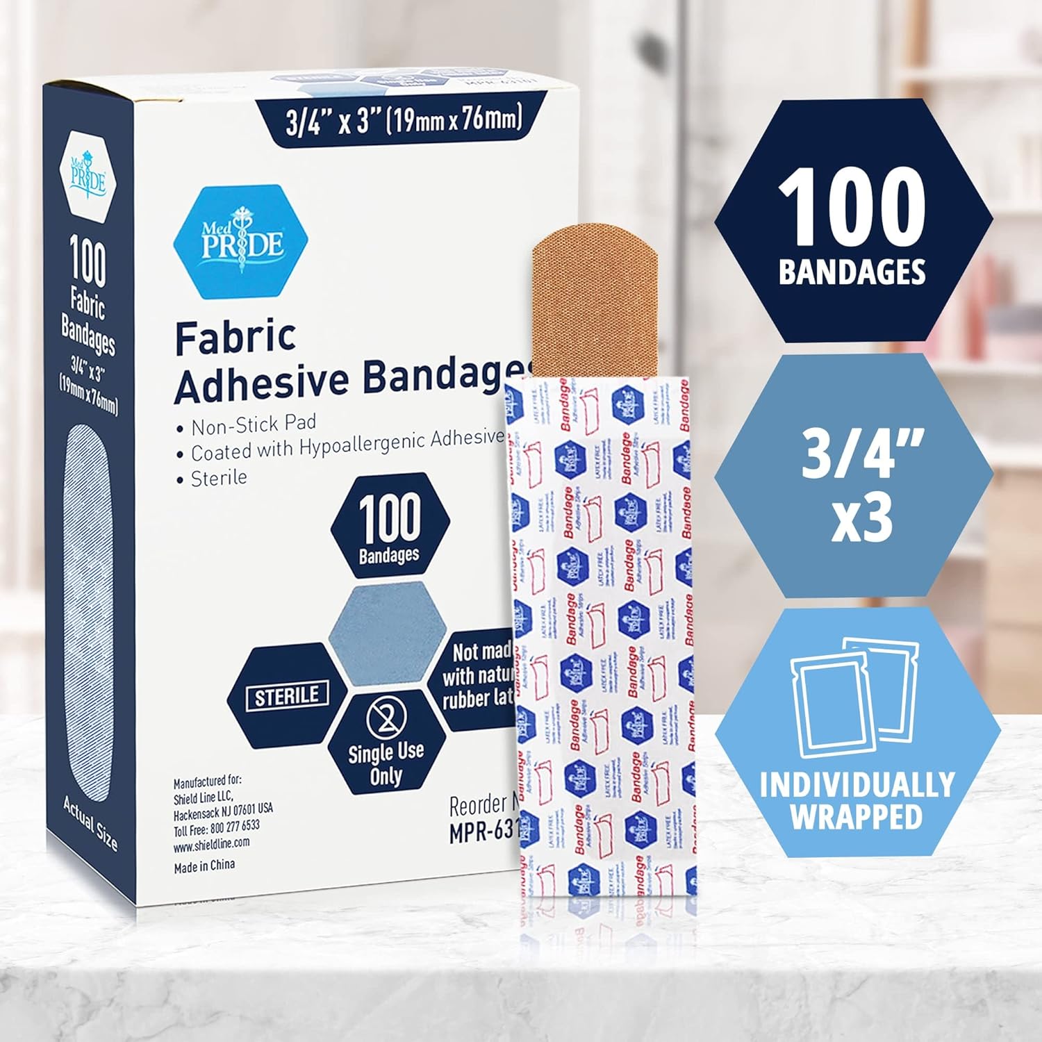 MedPride Sterile Fabric Adhesive Bandages, 3/4'' x 3" First Aid Bandages Coated with Hypoallergenic Adhesive & Non-Stick Pad - 100/Box, Case of 24 (2400 Count)