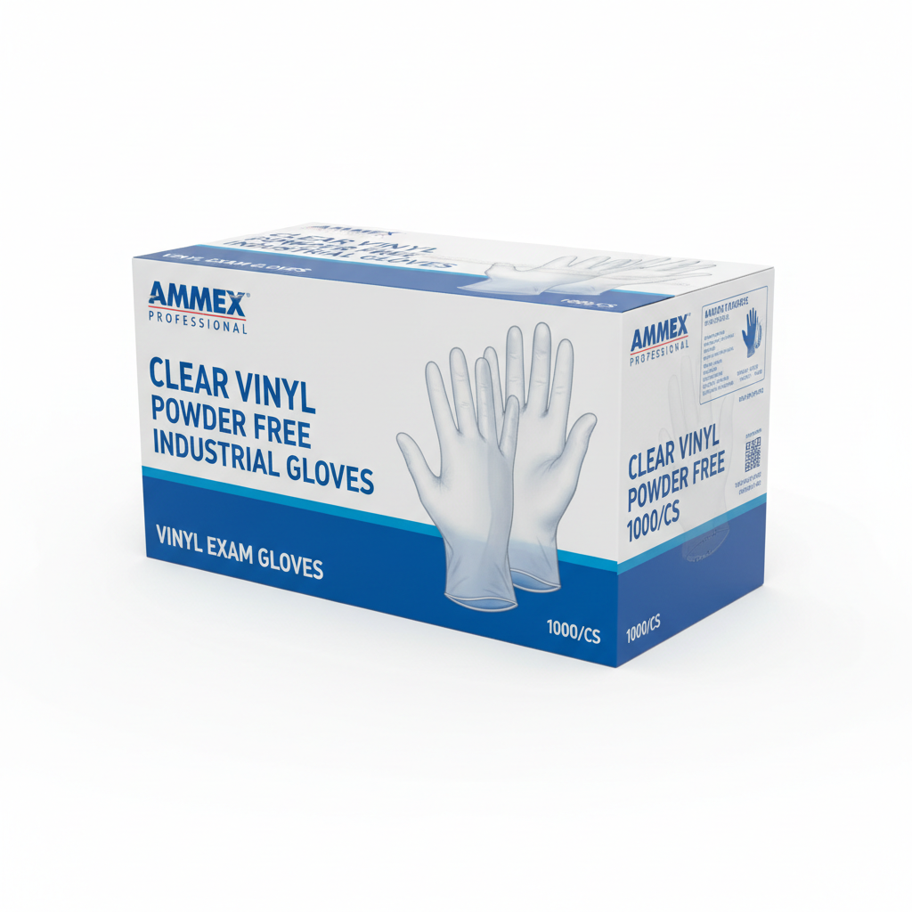 AMMEX Clear Vinyl Powder Free Industrial Gloves 1000/CS - angled view showing packaging