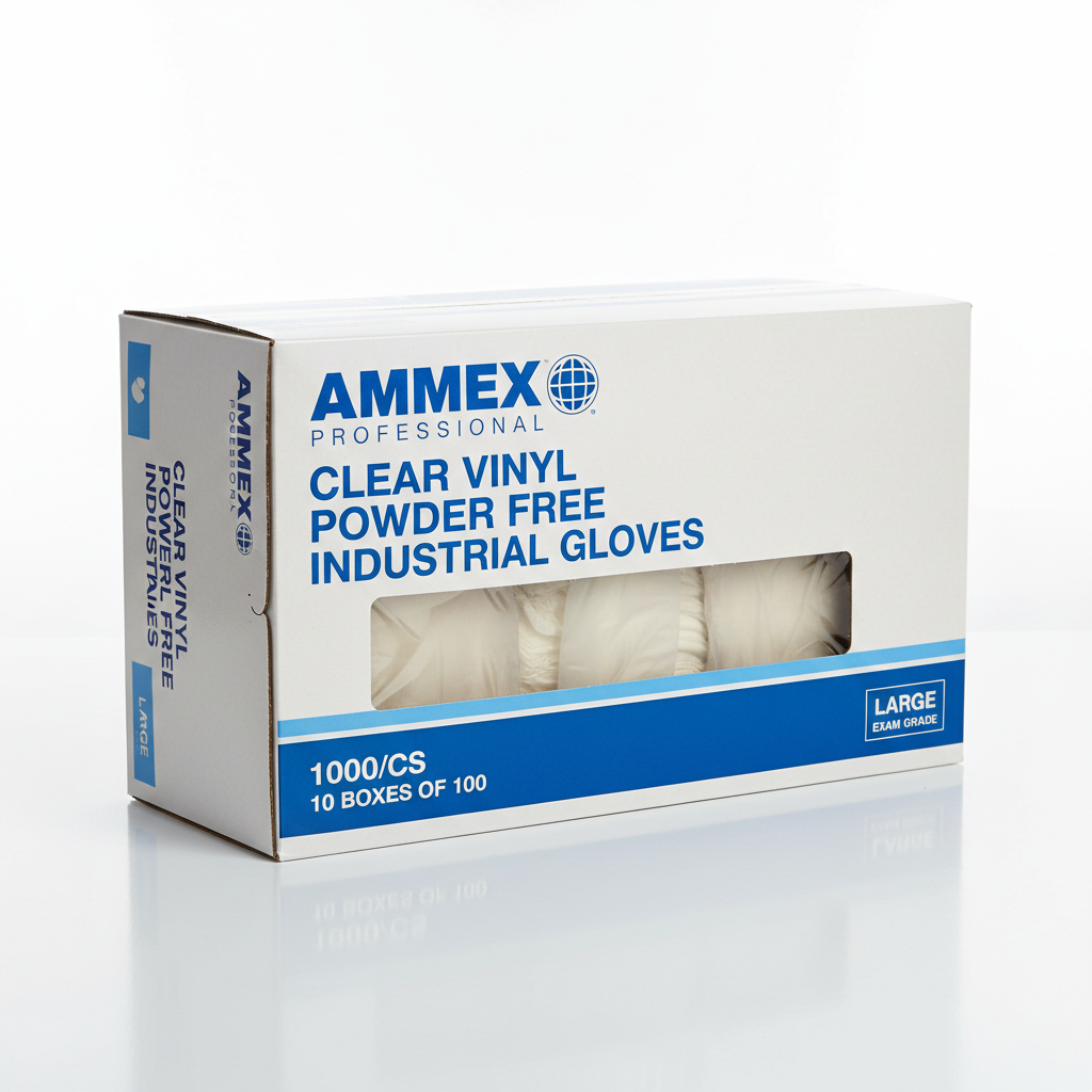 AMMEX Clear Vinyl Powder Free Industrial Gloves 1000/CS - close-up detail shot