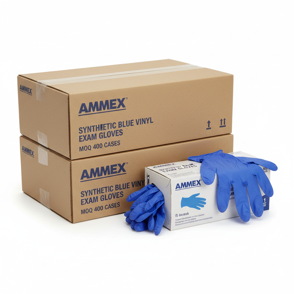 AMMEX Synthetic Blue Vinyl Exam Gloves - MOQ 400 Cases - close-up detail shot