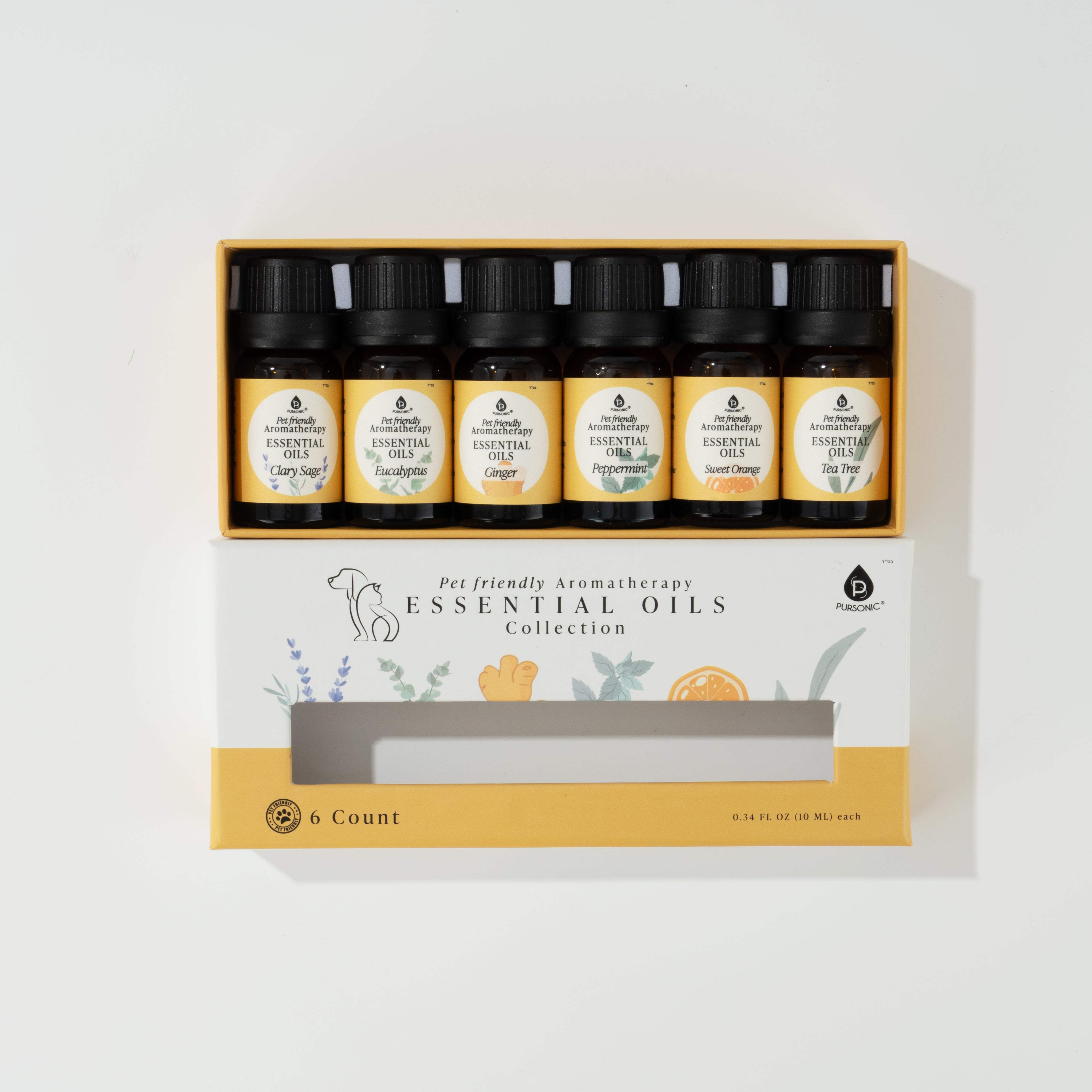 Pet-Friendly Aromatherapy Essential Oils Collection - Cedarwood, Chamomile, Frankincense, Ginger, Lavender, and Rosemary by Pursonic