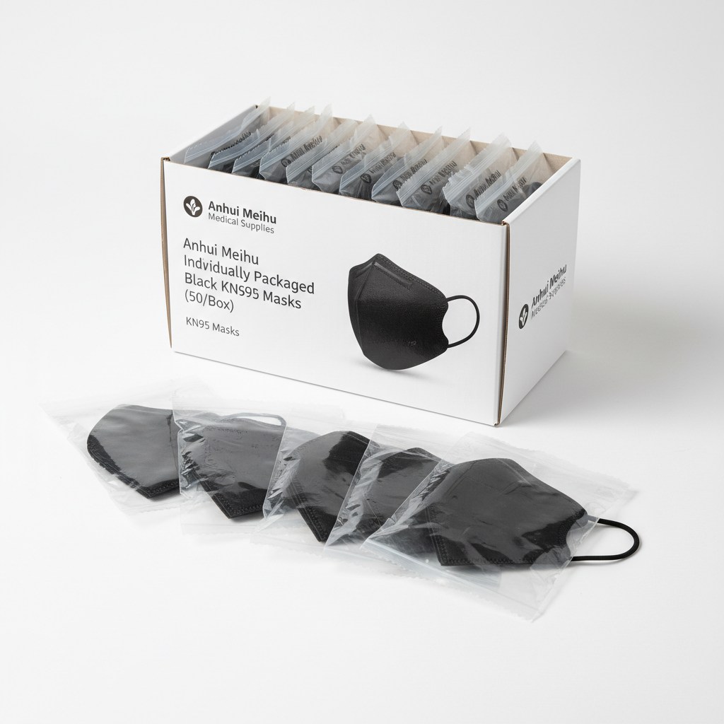 Anhui Meihu Individually Packaged Black KN95 Masks (50/Box) - close-up detail shot