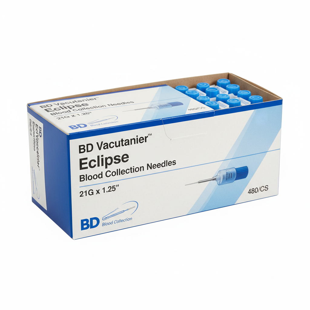 BD Vacutainer Eclipse Blood Collection Needles, 21G x 1.25", 480/CS - angled view showing packaging