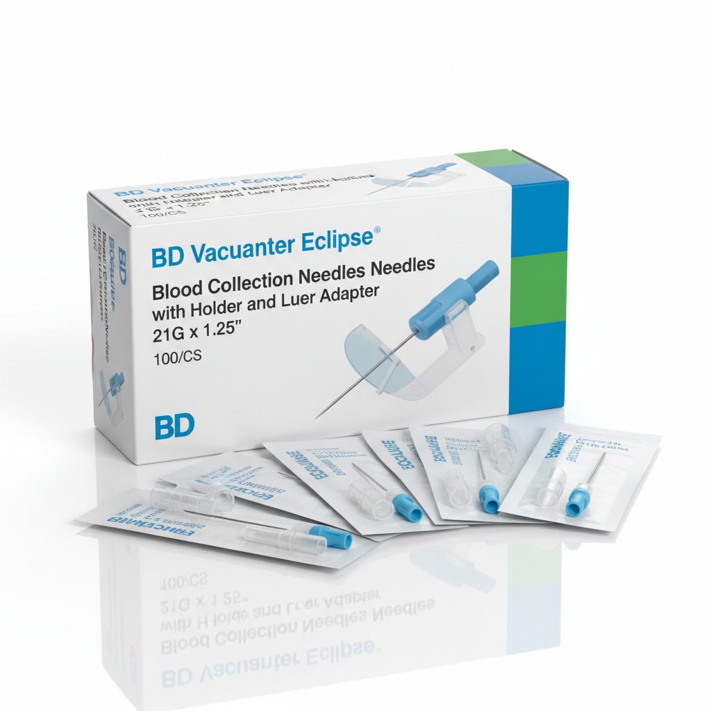 BD Vacutainer Eclipse Blood Collection Needles with Holder and Luer Adapter, 21G x 1.25", 100/CS - close-up detail shot