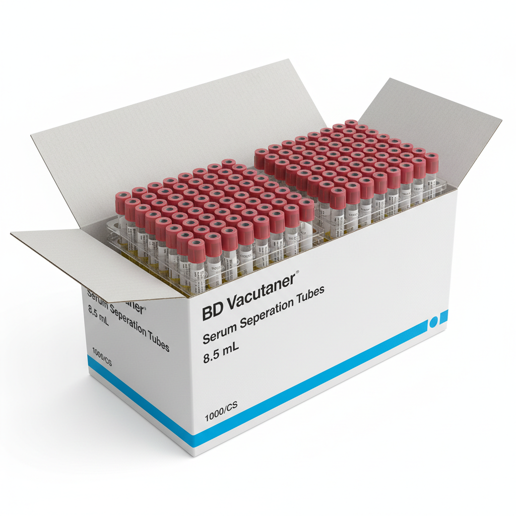 BD Vacutainer Serum Separation Tubes, 8.5 mL 1000/CS - angled view showing packaging