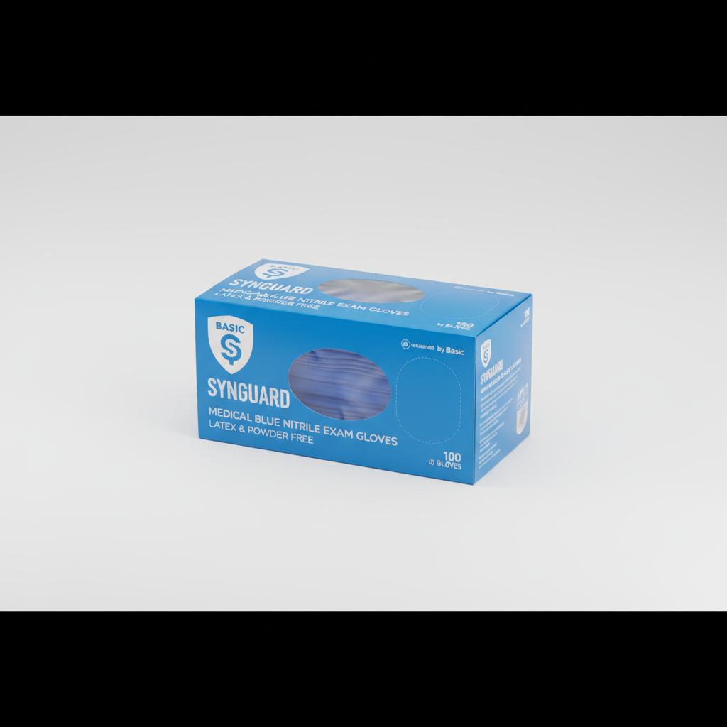 Basic Synguard Medical Blue Nitrile Exam Gloves - Latex & Powder Free - angled view showing packaging
