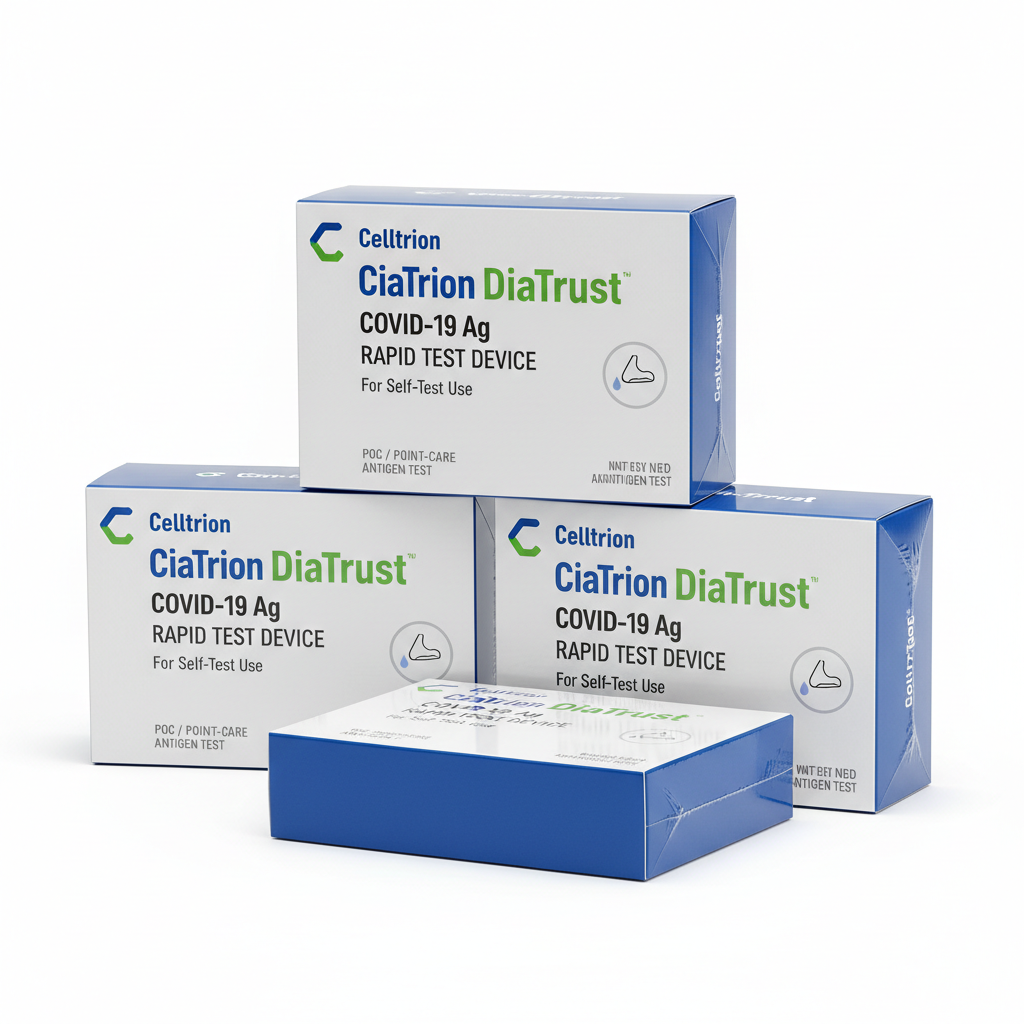 Celltrion DiaTrust POC Covid Antigen Tests - angled view showing packaging