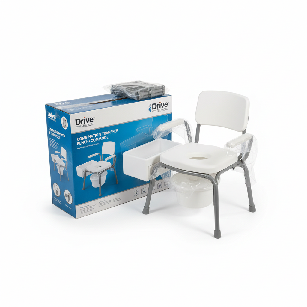 Combination Transfer Bench/Commode - angled view showing packaging