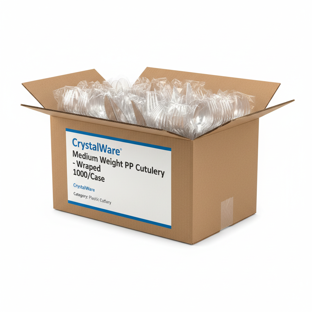 CrystalWare Medium Weight PP Cutlery - Wrapped 1000/Case - angled view showing packaging