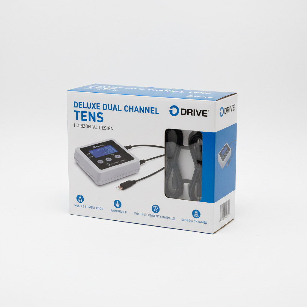 Deluxe Dual Channel TENS, Horizontal Design - angled view showing packaging