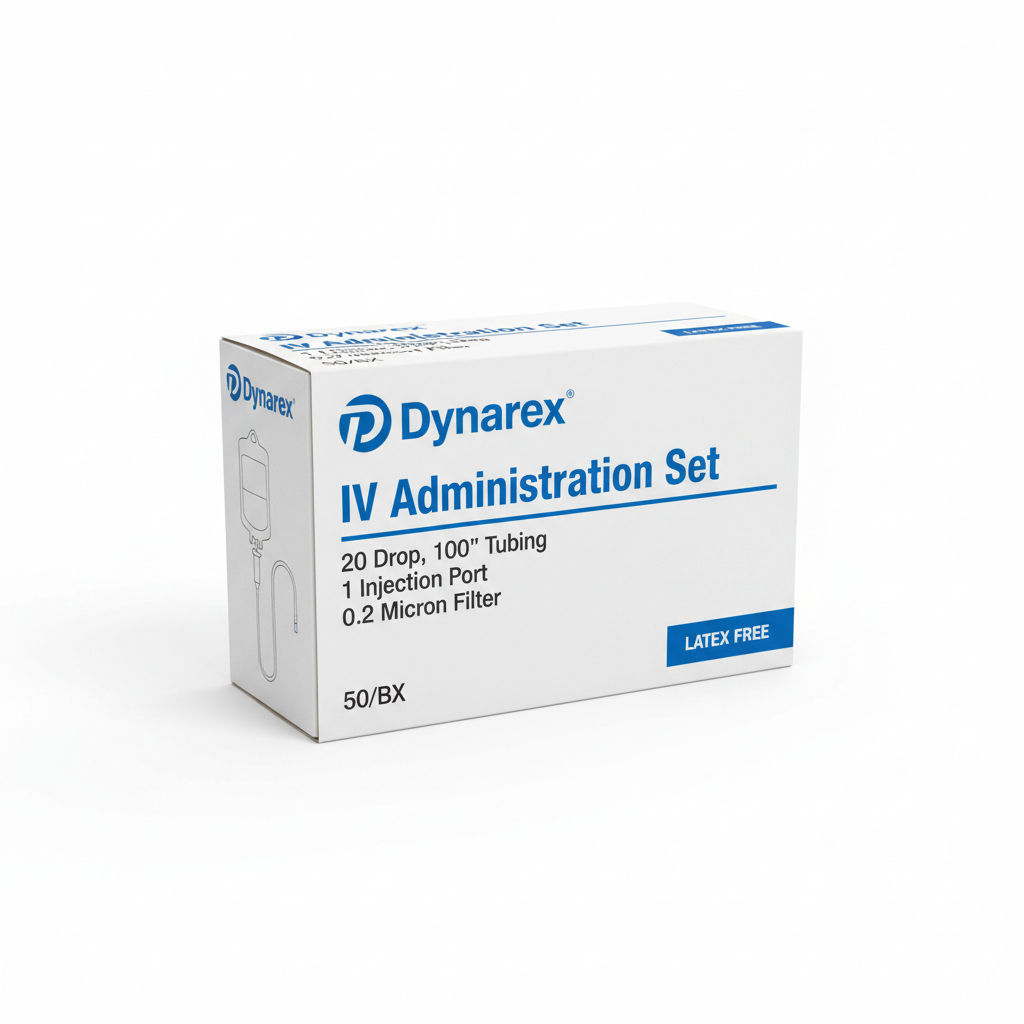 Dynarex IV Administration Set - 20 Drop, 100"1 Injection W/0.2 Micron Filter, 50/BX - angled view showing packaging