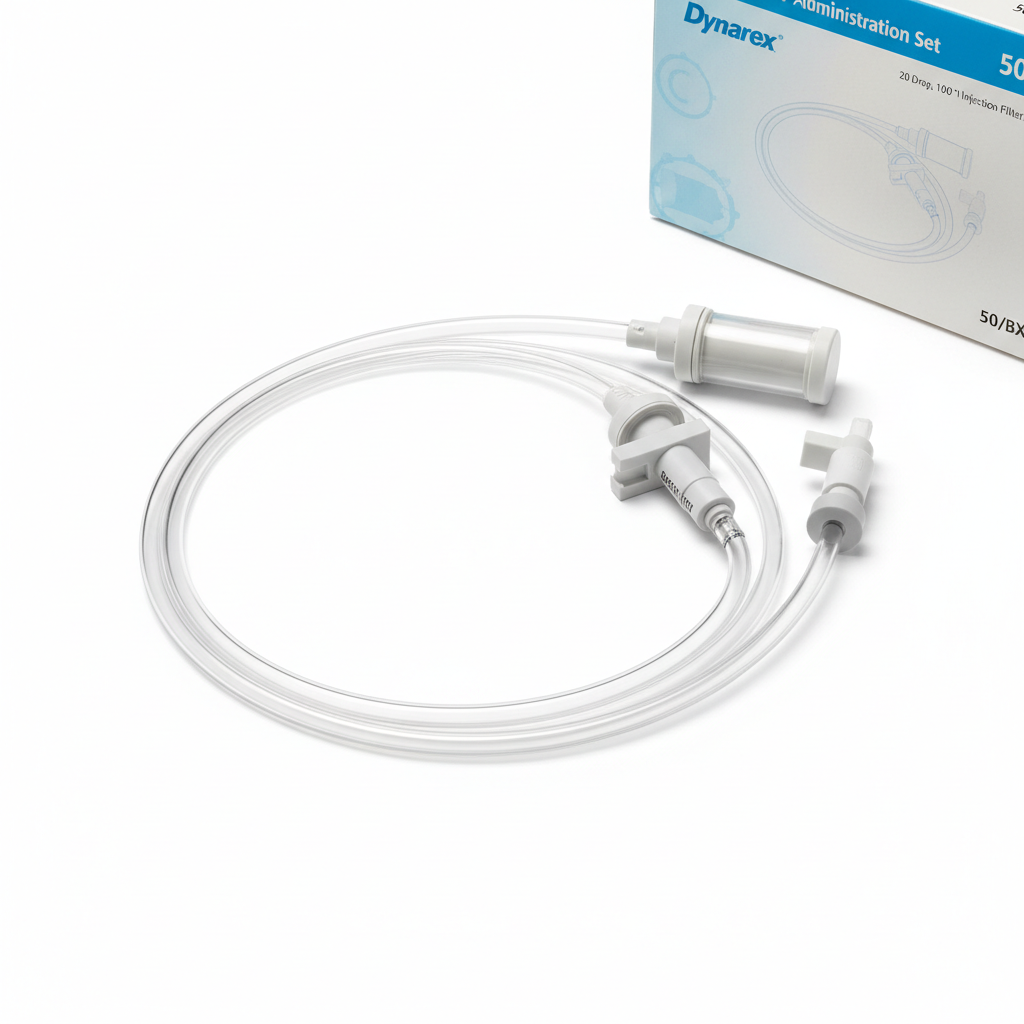 Dynarex IV Administration Set - 20 Drop, 100"1 Injection W/0.2 Micron Filter, 50/BX - close-up detail shot