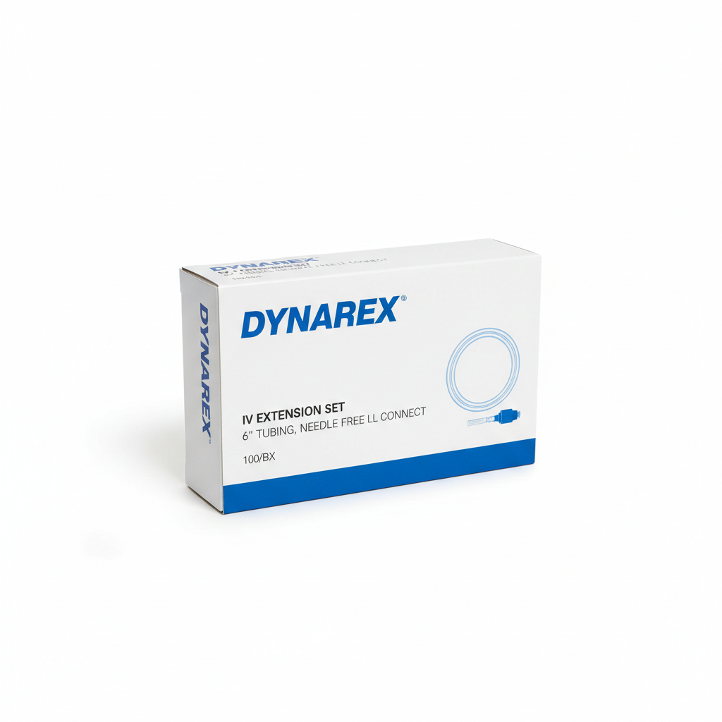 Dynarex IV Extension Set, 6" Tubing, Needle Free LL Connect, 100/BX - angled view showing packaging