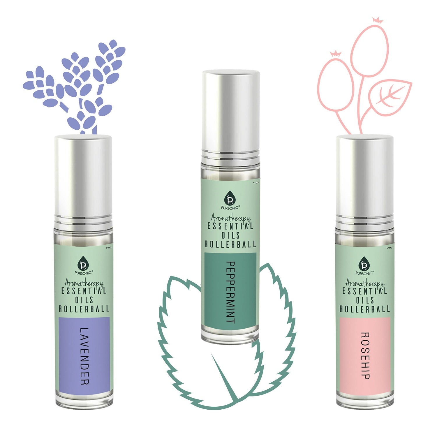 Aromatherapy Essential Oil Rollerballs (Lavender, Peppermint, Rosehip) by Pursonic