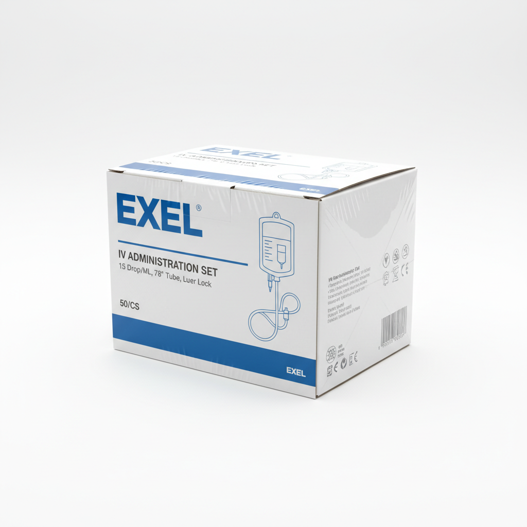 Exel IV Administration Set, 15 Drop/mL, 78" Tube, Luer Lock, 50/CS - angled view showing packaging