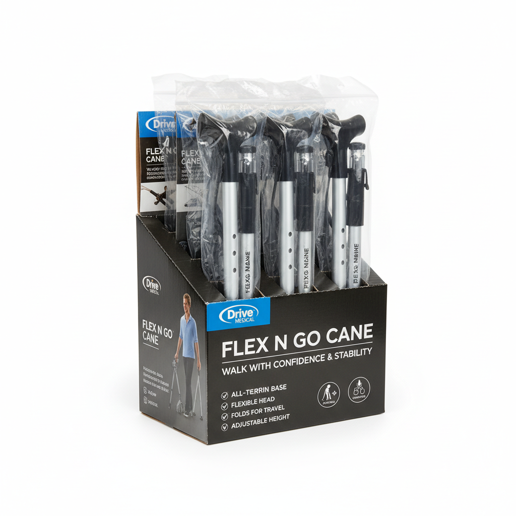 Flex N Go Cane (4) with Display - angled view showing packaging