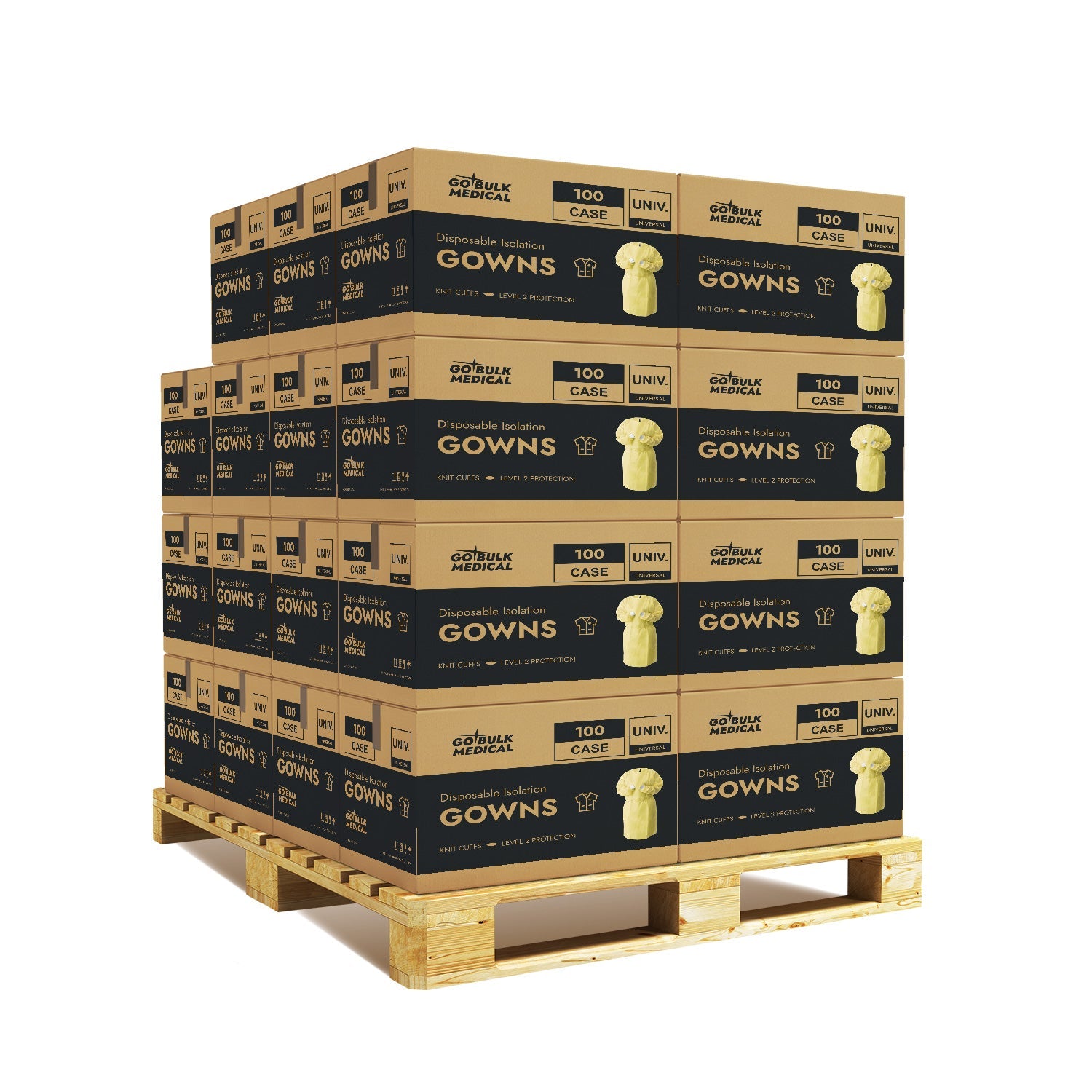 Pallet Disposable Isolation Gowns with Knit Cuffs - 30 Cases (3,000 Gowns) Universal Size Level 2 SMS - Yellow